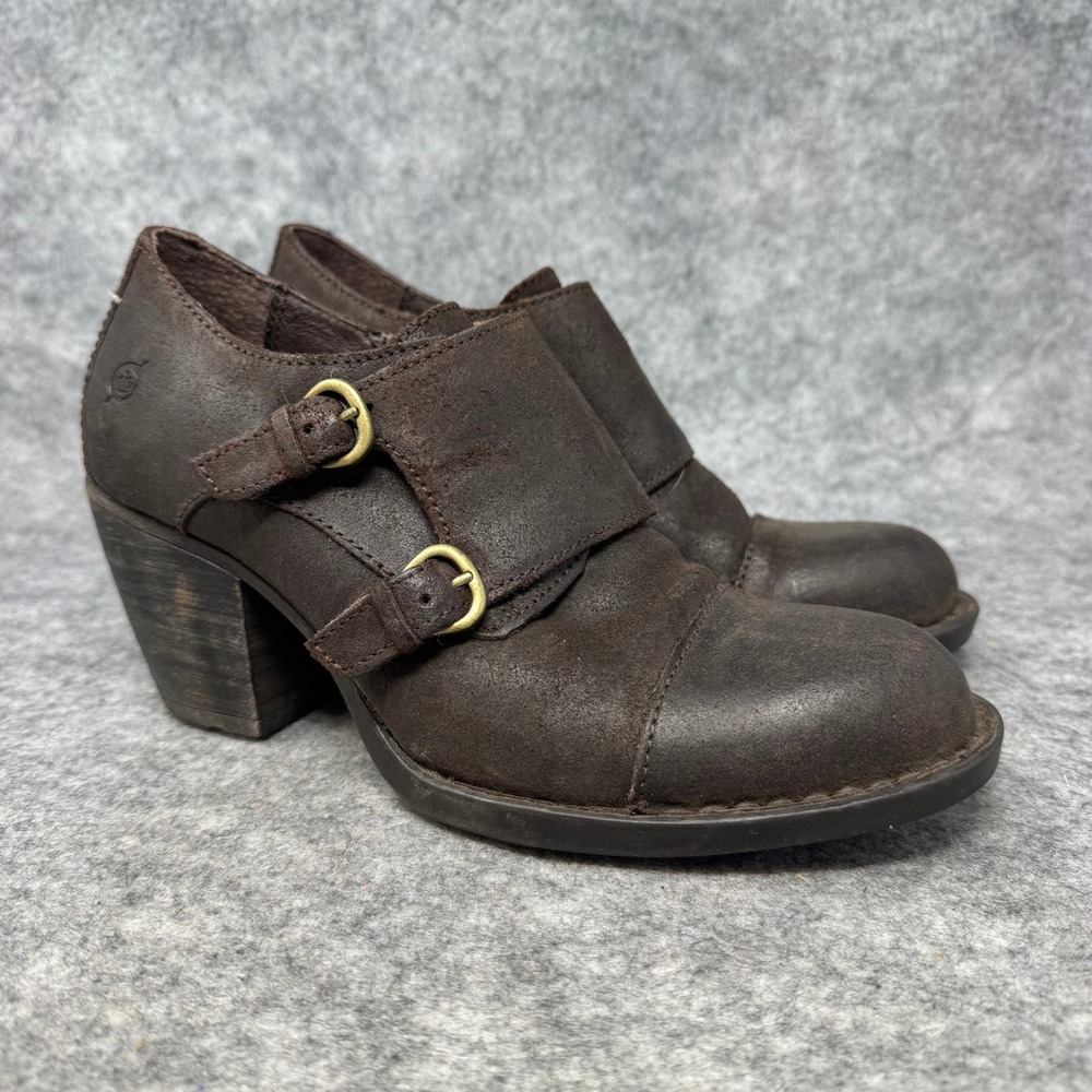 Born Leather Heeled Ankle Boots Womens Size 7.5M Monk Buckle Brown Block Pilgrim